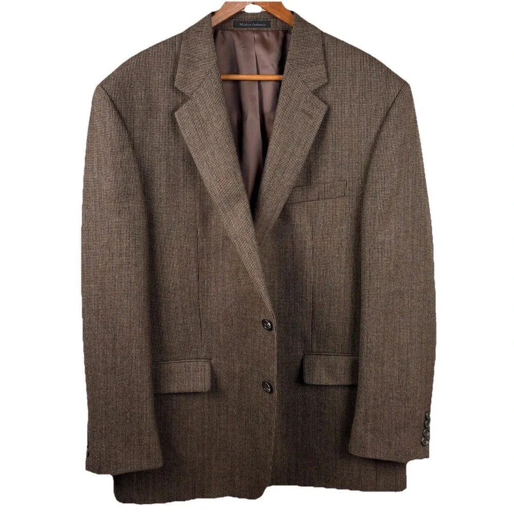 Chaps Ralph Lauren Sport Coat Mens 44R Brown Blue Lambs Wool Herringbone Blazer